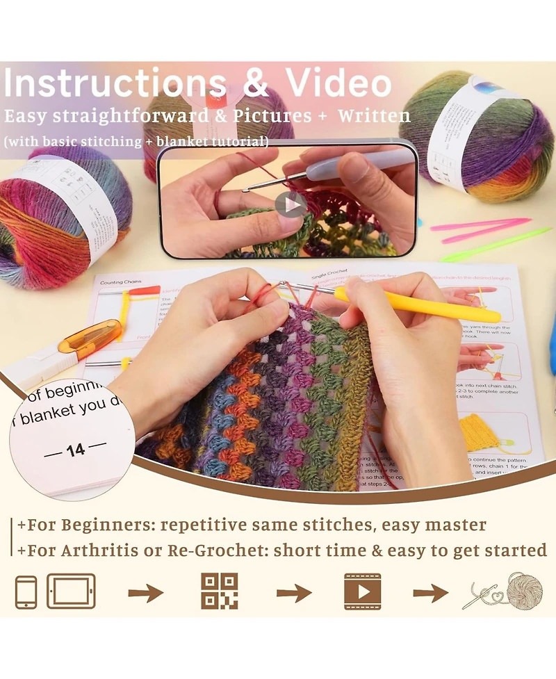 Aeelike Blanket Crochet Kit for Beginners, Gradient Blanket, Complete Starter Crochet Kit with Enough Warm Wool Yarn, Video Tutorials