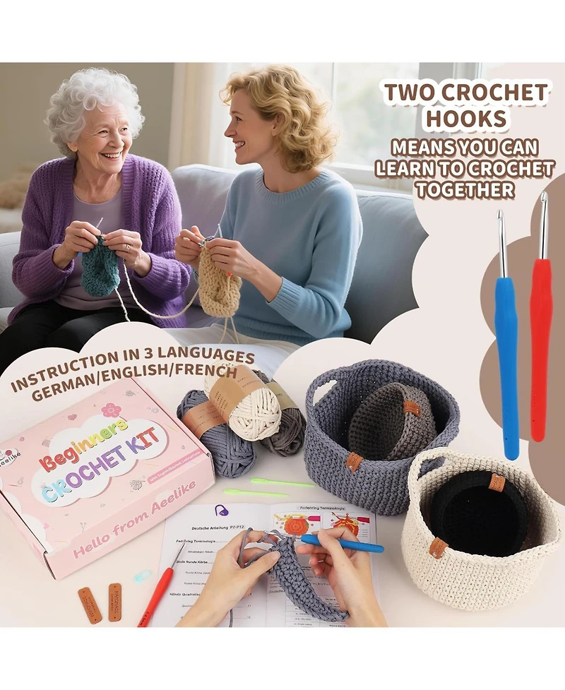 Aeelike Complete Crochet Basket Kit for Beginners - Includes Yarn, Hook, Stitch Markers, and Guidebook