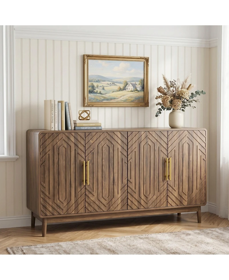 Sailvan Sideboard Buffet Cabinet, Carved 4-Door Accent Cabinet with Adjustable Shelf