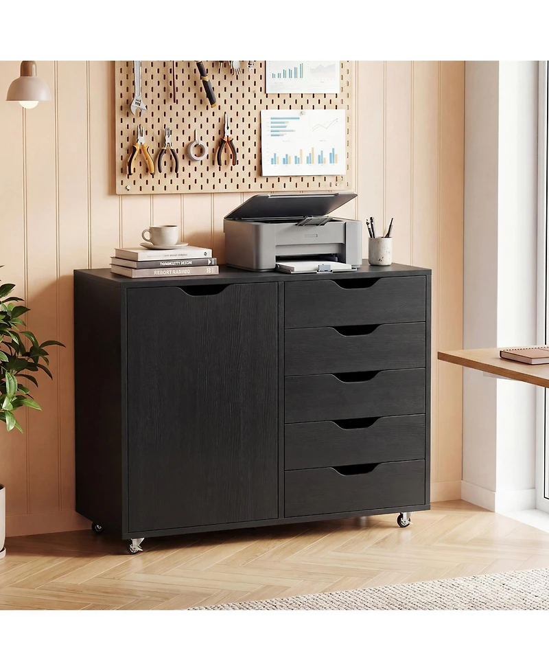 Costway 5-Drawer File Cabinet with Door, Wheels and 5-Level Adjustable Shelf for Home