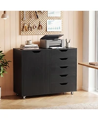 Costway 5-Drawer File Cabinet with Door, Wheels and 5-Level Adjustable Shelf for Home