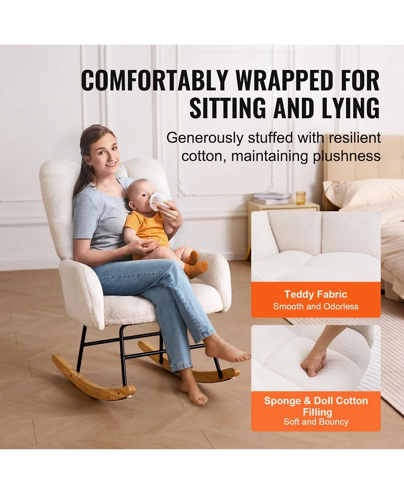 Rainsken Glider Rocking Chair, with High Backrest Armchair, Teddy Fabric, Wood Leg, 250 lbs Weight, for Living Room Bedroom Offices