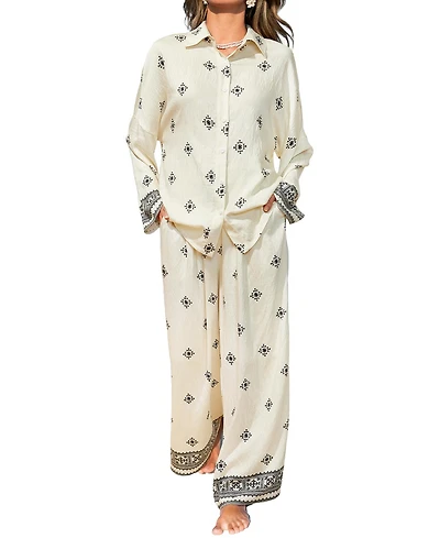 Cupshe Women's Everyday Oversized Boho Two-Piece Shirt and Pants Set