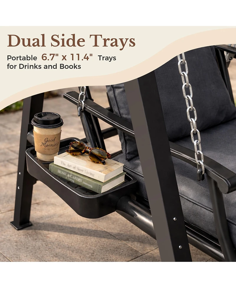 Pamapic 1 Person Porch Swing With Heavy-duty Metal Frame, Dual Side Trays And Adjustable Chains
