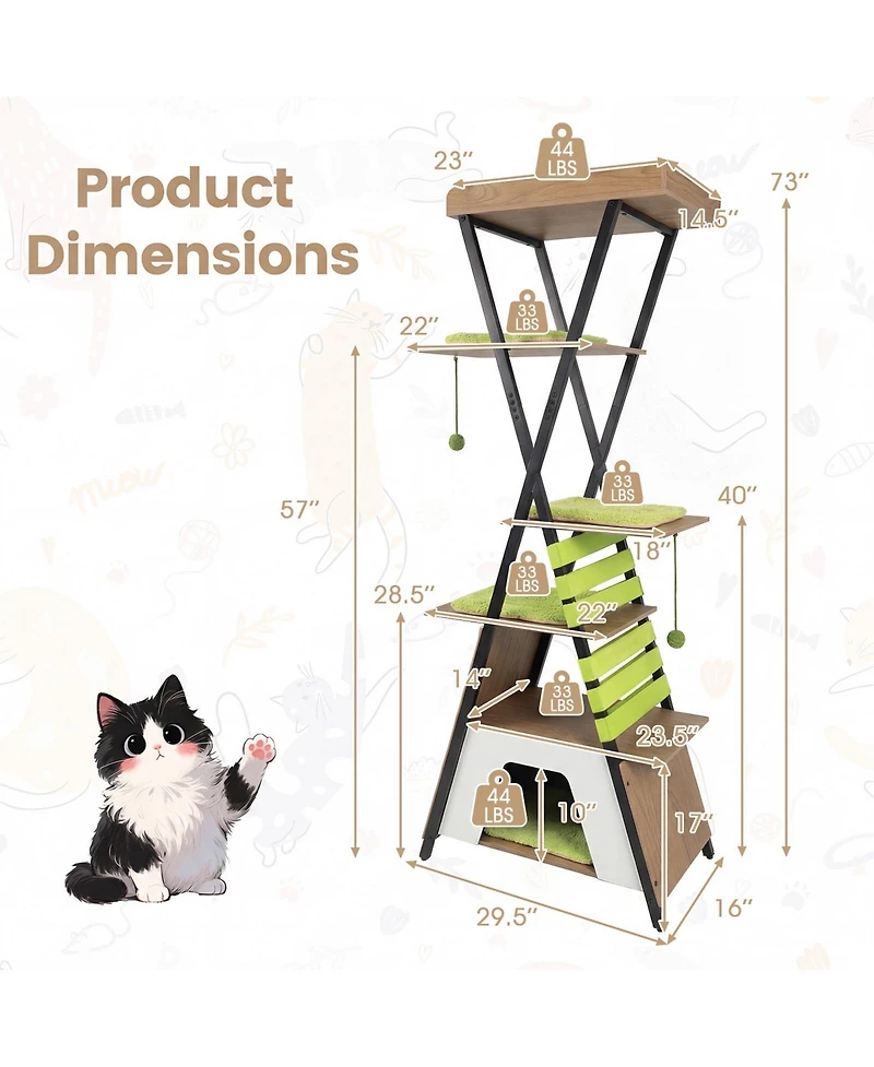 Costway 73" Wooden Multi-level Cat Tower with Elevated Perch, Large Condo, Dangling Balls