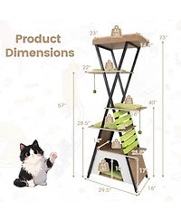 Costway 73" Wooden Multi-level Cat Tower with Elevated Perch, Large Condo, Dangling Balls