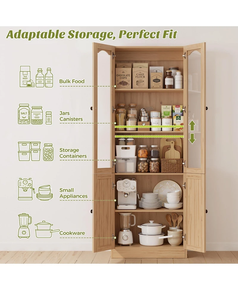 Aheaplus 80" Pantry Cabinet with Glass Door and Shelves, Kitchen Storage