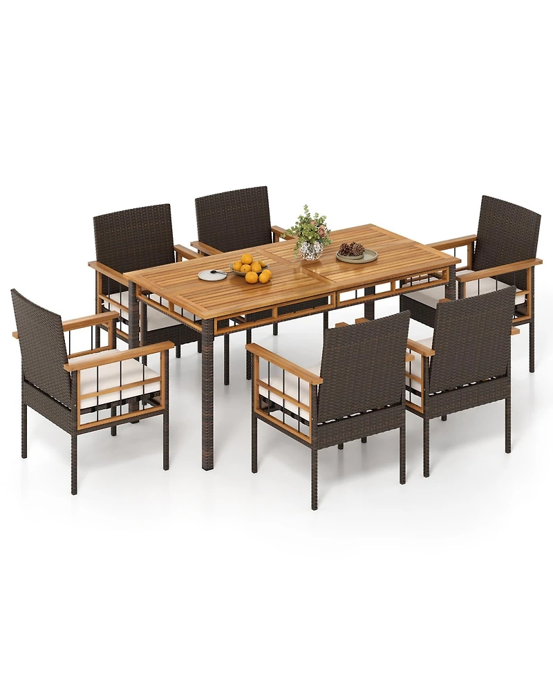 Gymax Set of 7 Pe Wicker Patio Dining Set with Umbrella Hole Cushions for Deck Garden