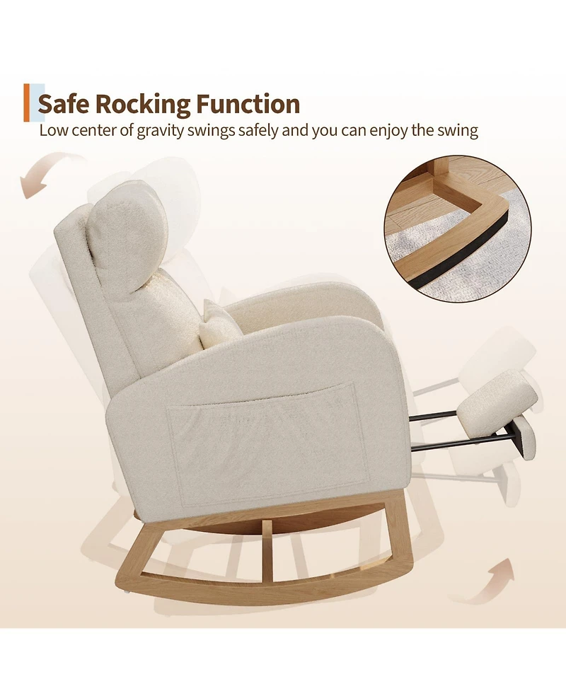 homfan Teddy Fleece Nursery Room Glider Rocking Chair with Extendable Footrest, Side Pockets and Pillow