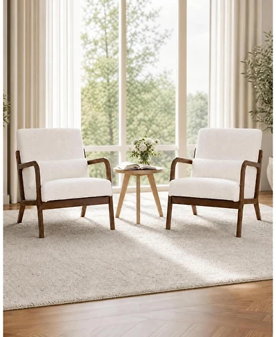 homfan 2-Piece Sherpa Accent Chair – Mid-Century Lounge Armchair with Lumbar Pillow and Wood Frame for Living Room or Office