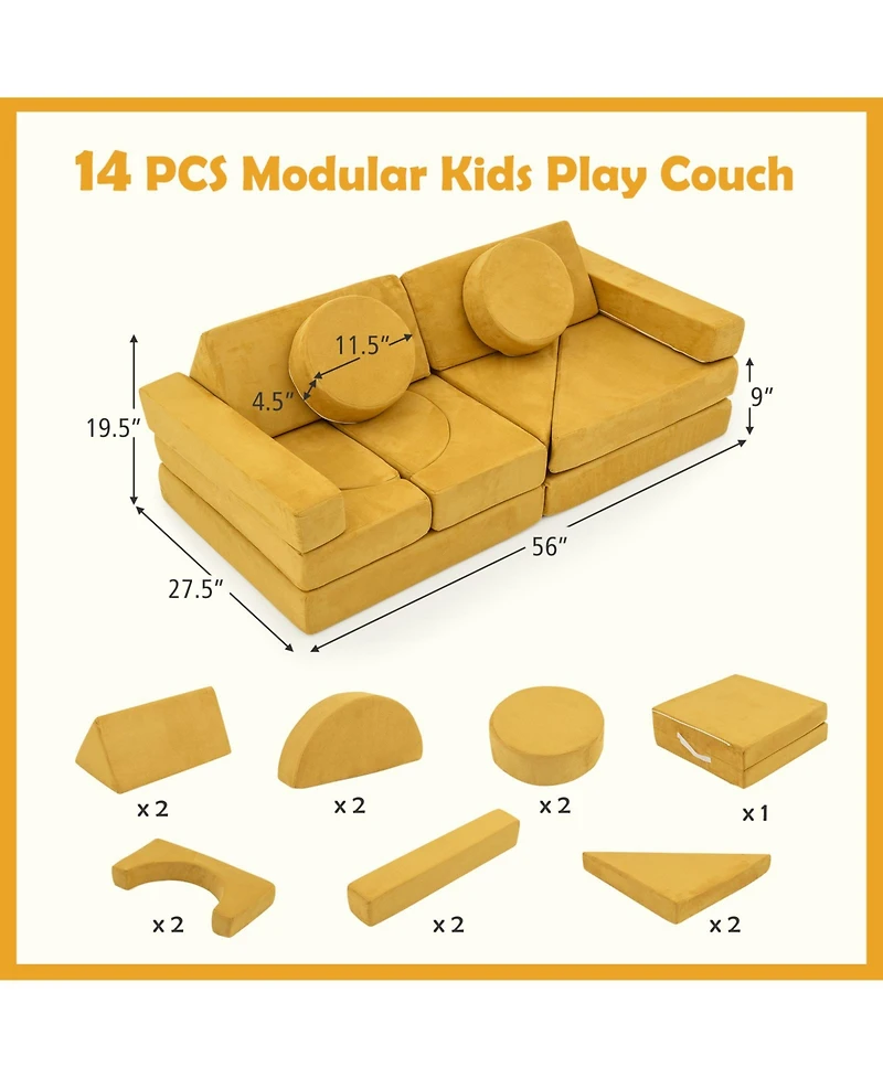 Sugift 14-Piece Modular Kids Play Couch with Foam Blocks and Washable Suede Covers, 56 x 27.5 in