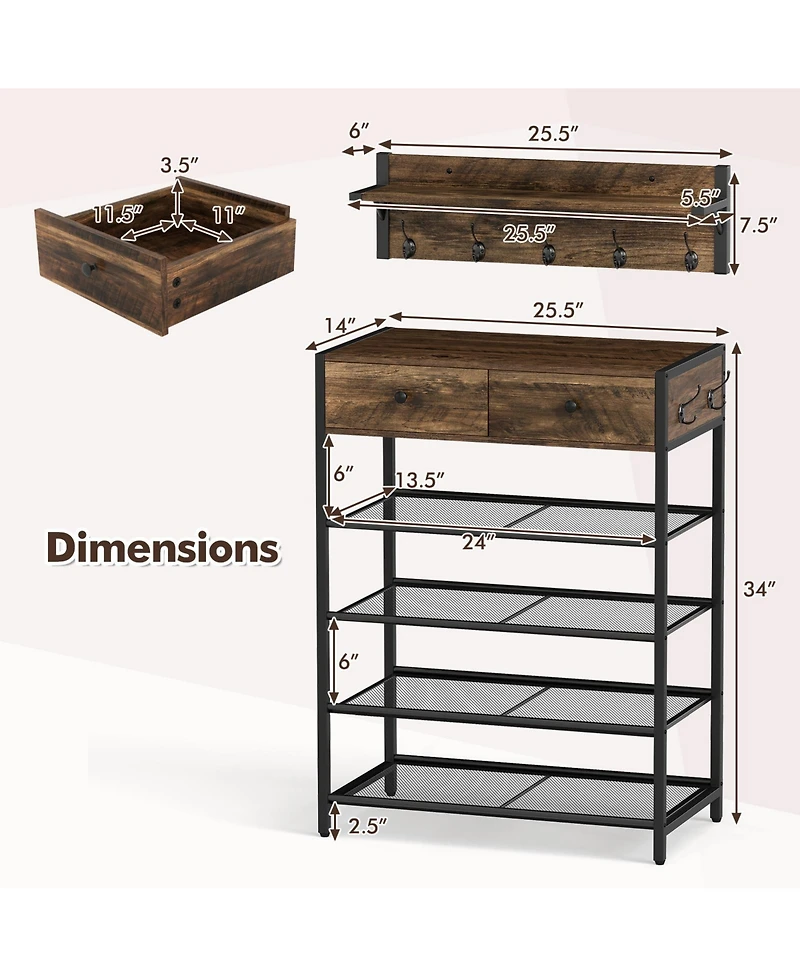 Sugift Coat Rack and 5-Tier Shoe Stand Combo with Drawers and Mesh Shelves, 25.5 in. Wide