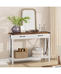 homfan Industrial Console Table, 2-Tier Narrow Sofa Table with Drawers and Open Shelf