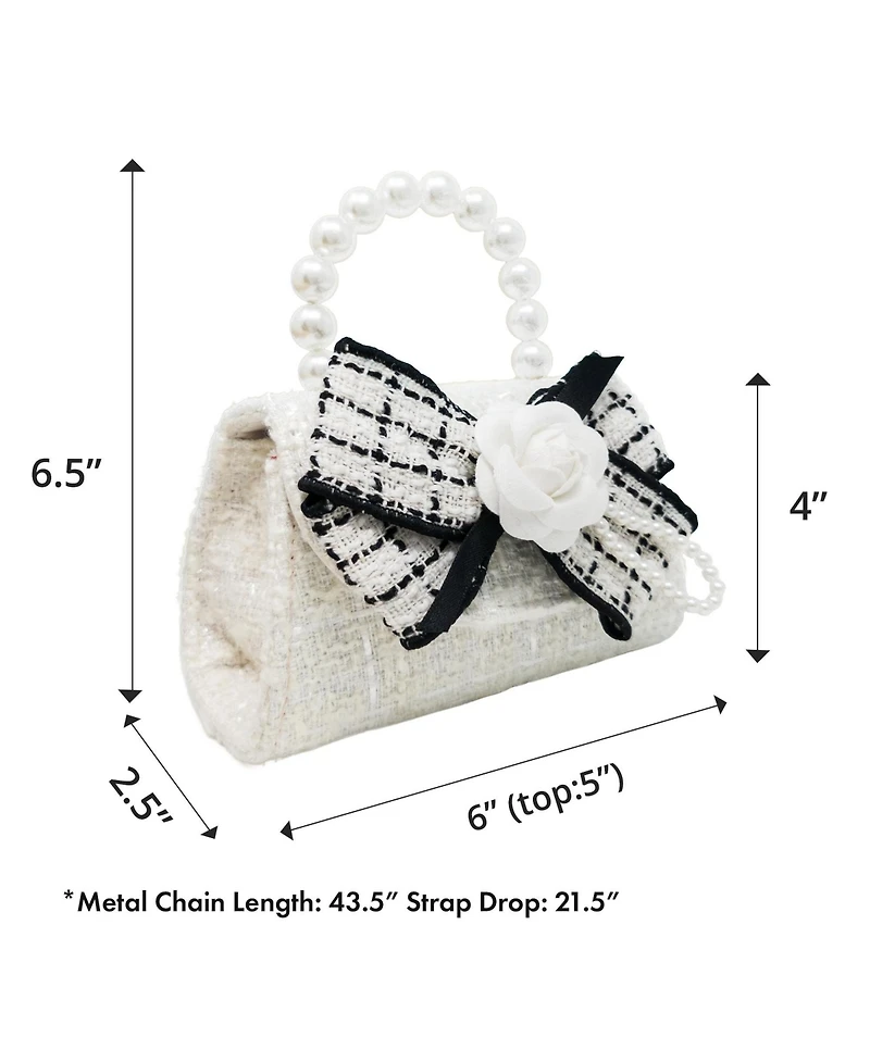 Puttisu Girls Coco Ribbon Tweed Handbag with Pearl Handle