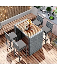 Asagikoiai 5-Piece Outdoor Wicker Bar Set with Cushions and Acacia Wood Table