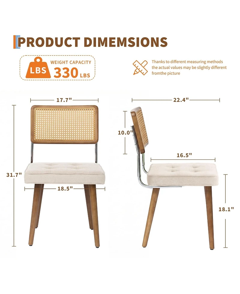homfan Modern Boho Rattan Dining Chairs Set of 6, Curved Wood Back, Soft Upholstered Seat, Sturdy Rubberwood Legs, Ideal for Kitchen or Dining Room