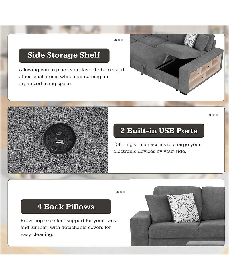 Clihome U-shaped Sectional Sofa Pull-out Sofa Bed with Usb Ports and Storage Chaise Lounge and Four Back Pillows for Living Room