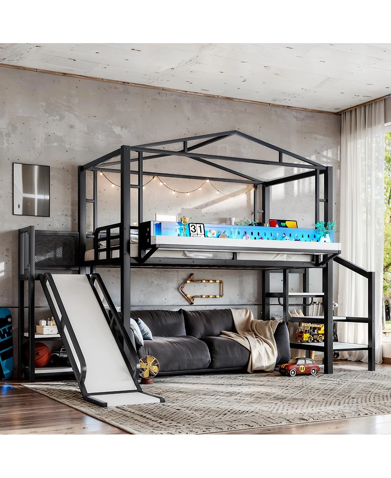 Streamdale Furniture Twin Loft Bed with Storage Stairs Wardrobe Usb Ports and Led Lights