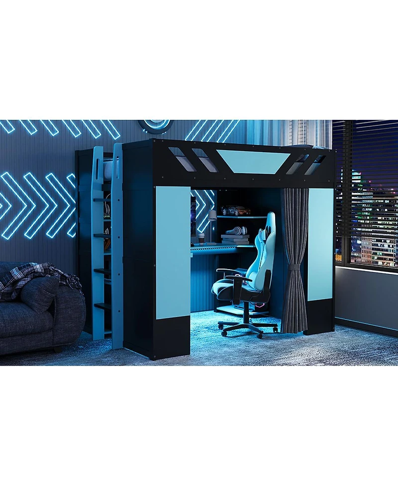 Streamdale Furniture Full Size Wood Loft Bed with Shelves Curtains and Rgb Lights