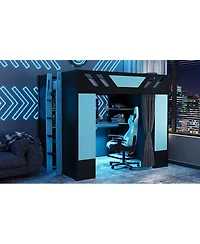 Streamdale Furniture Full Size Wood Loft Bed with Shelves Curtains and Rgb Lights