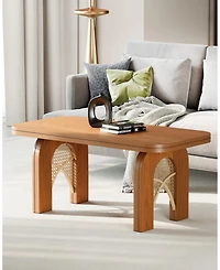 Sugift 39" Rattan Boho Coffee Table with Arched Cane Legs, Mid Century Modern Rectangle Wood Center Table for Living Room