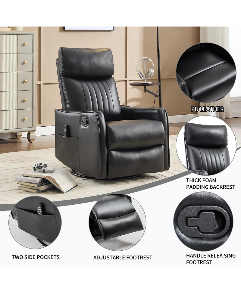 Clihome Faux Leather Heat Massage Manual Recliner Chair with Rocker and Swivel for Living Room
