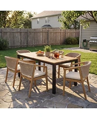 Asagikoiai 7 Piece Acacia Wood Patio Dining Set with Rope Chairs and Cushions