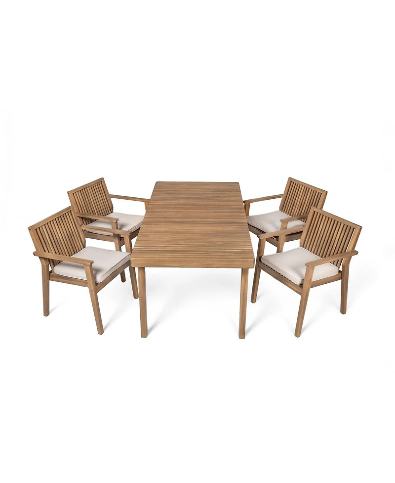Asagikoiai 5-Piece Acacia Wood Patio Dining Set with Cushioned Chairs and Slatted Table