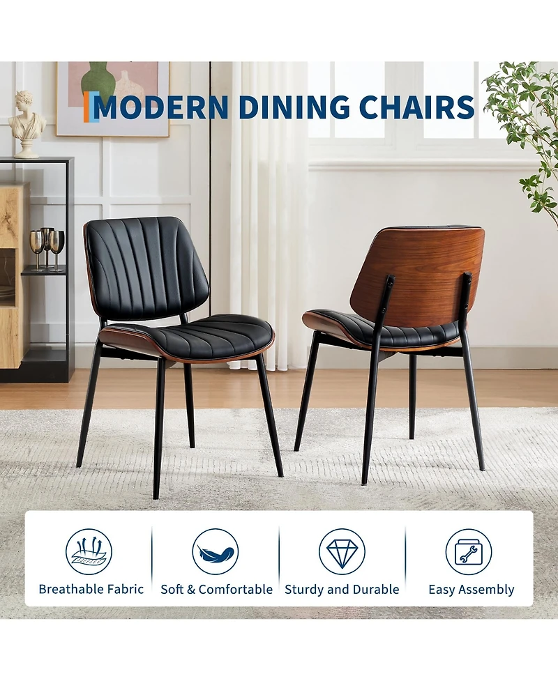 homfan Ergonomic Mid-Century Chairs Set of 6, Curved Walnut Backrest, Faux Leather Seat, Metal Legs, Modern Kitchen