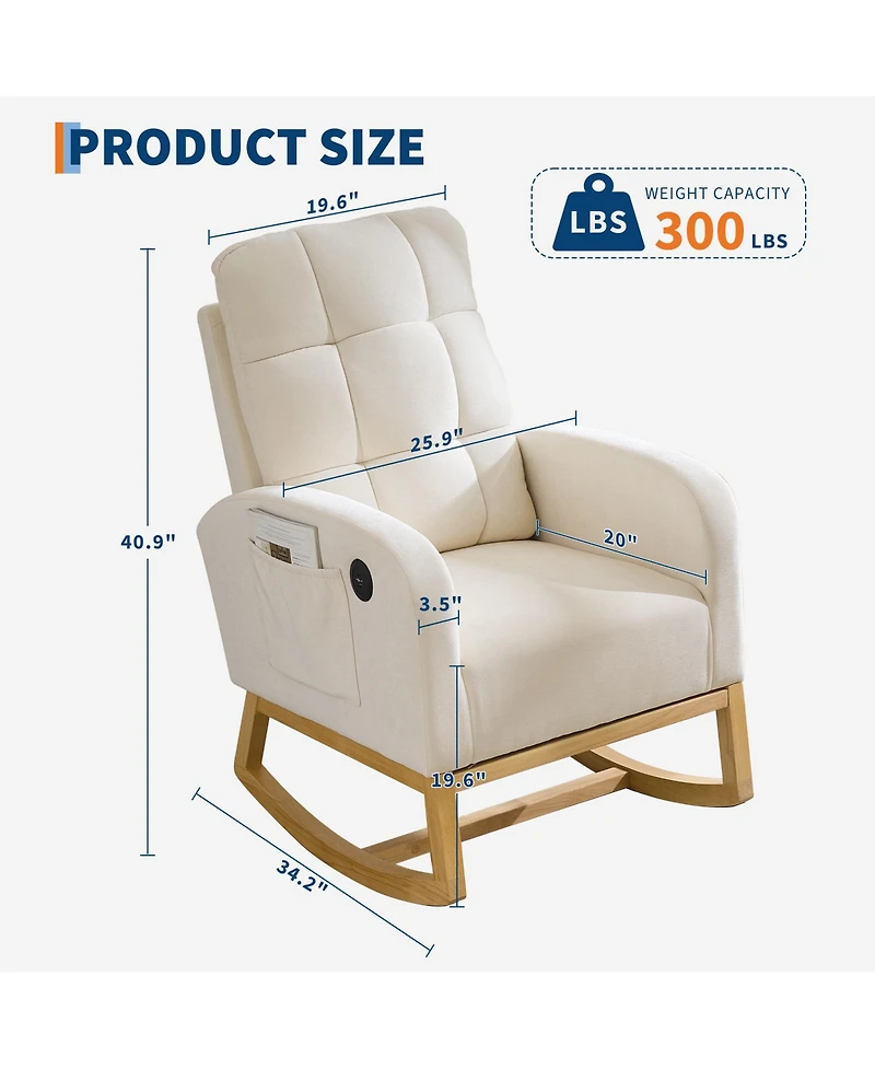 homfan Nursery Rocking Recliner Chair with Usb Ports, Upholstered Glider with High Back and Side Pocket for Bedroom Living Room,