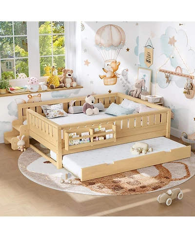 Streamdale Furniture Queen Bed with Bookshelves Staircase Safety Rails and Trundle Light