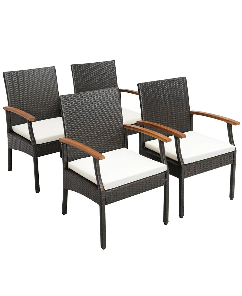 Gymax 7 Piece Wicker Dining Set Cushion Acacia Wood Armrests Table With Umbrella Hole Patio