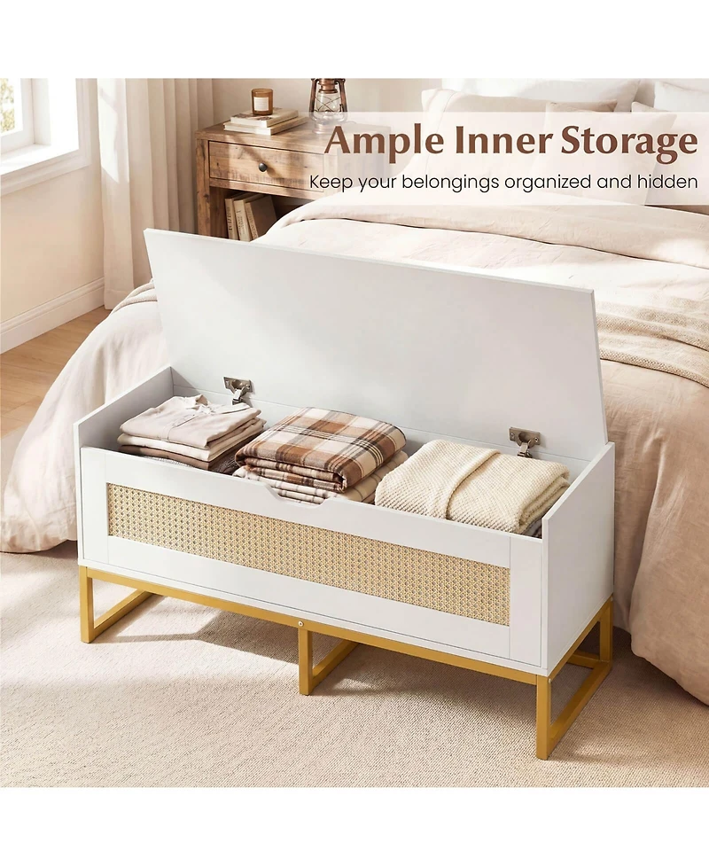 Costway 39.5" Rattan Storage Chest with Padded Seat, Flip-Top and Safety Hinges for Bedroom
