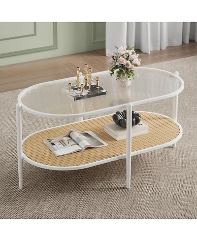 homfan Oval 2-Tier Coffee Table with Water-Wave Glass Top, Rattan Accent and Storage Shelf for Living Room