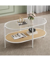homfan Oval 2-Tier Coffee Table with Water-Wave Glass Top, Rattan Accent and Storage Shelf for Living Room