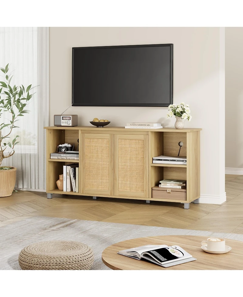 homfan Modern Boho Rattan Tv Stand with Woven Doors and Cable Management - Durable Wood Media Console and Entertainment Center for Living Room