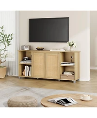 homfan Modern Boho Rattan Tv Stand with Woven Doors and Cable Management - Durable Wood Media Console and Entertainment Center for Living Room
