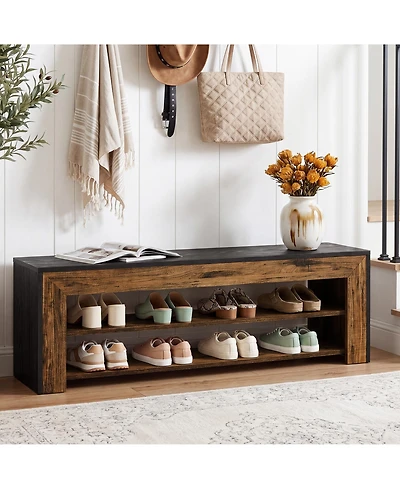 Tribesigns 63" Entryway Shoe Bench, 2-Tier Farmhouse Shoe Storage Bench for Hallway, Mudroom, Bedroom, Living Room
