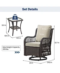 homfan 3 Piece Patio Bistro Set, All Weather Wicker Swivel Rocker Lounge Chairs with Cushions and Glass Table for Porch or Garden
