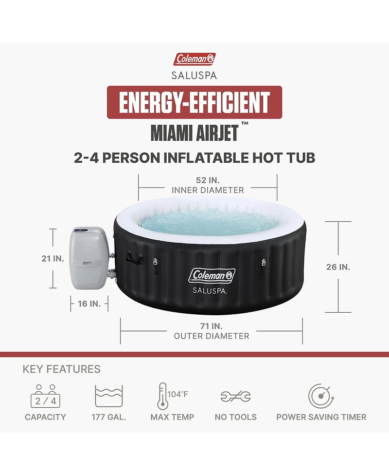 Coleman Miami 2-4 Person AirJet Inflatable Hot Tub with Cover, 71"x26