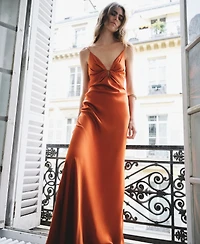 Mango Women's Gathered V-Neckline Satin Dress
