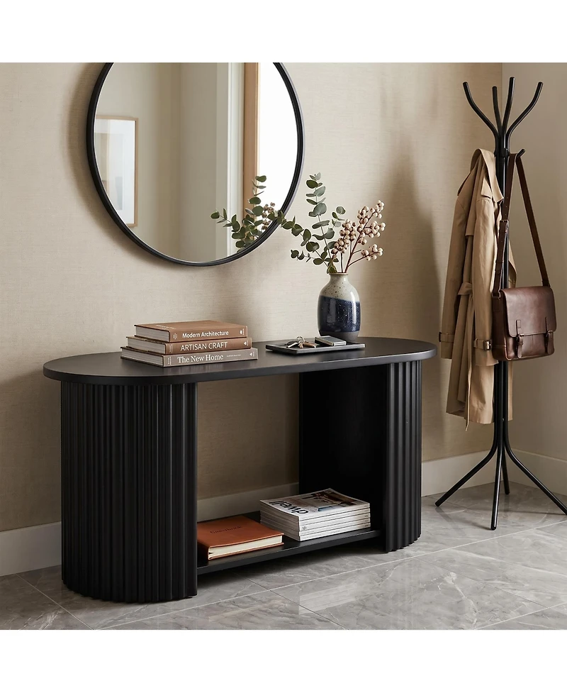 gaomon Half-Round Fluted Coffee Table, Modern Ribbed Side Support Center Table with Open Storage Compartment