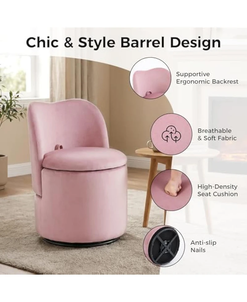 gaomon 360degree(s) Swivel Modern Upholstered Accent Stool Barrel Chair, Velvet Vanity Chair with Hidden Storage