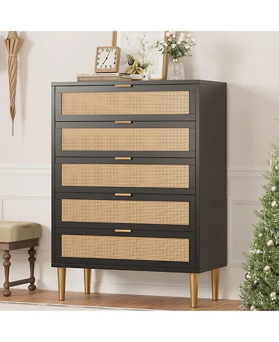 homfan Rattan-Style 5-Drawer Tall Dresser with Gold Legs and Handles, Anti-Tip Storage Tower for Bedroom, Living Room, Hallway