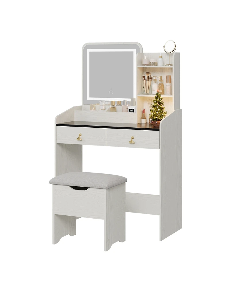 homfan Makeup Vanity Desk Set with Led Mirror, Charging Station, 2 Drawers, and Storage Stool