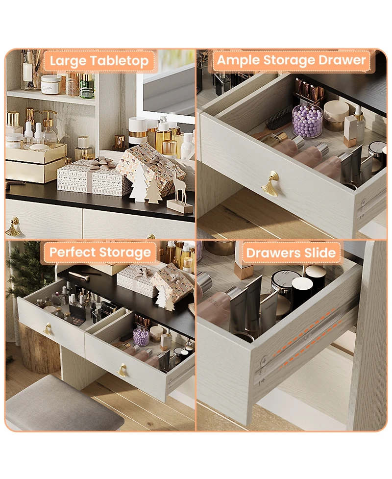 homfan Makeup Vanity Desk Set with Led Mirror, Charging Station, 2 Drawers, and Storage Stool