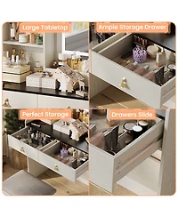homfan Makeup Vanity Desk Set with Led Mirror, Charging Station, 2 Drawers, and Storage Stool