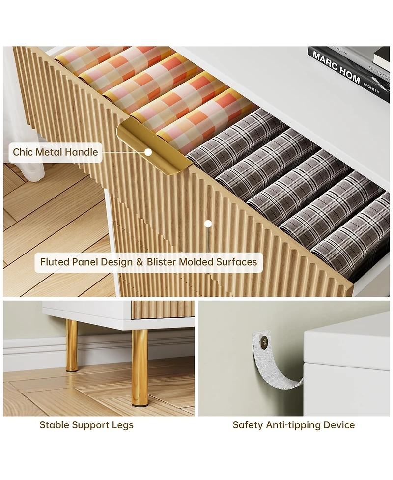 homfan 5-Drawer Dresser with Gold Handles and Fluted Panel, Storage Chest for Bedroom, Living Room, and Hallway