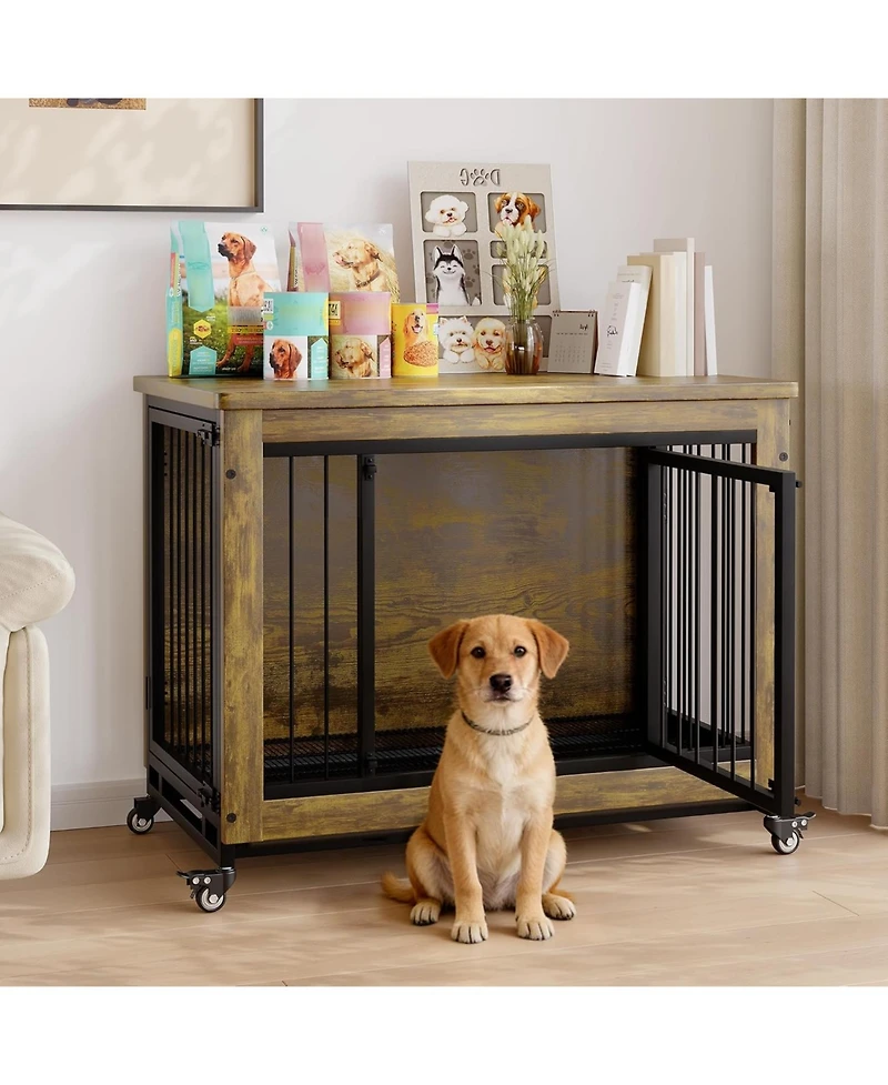 homfan Heavy Duty 38.6" Dog Crate with Wheels, Indoor Pet Kennel, Removable Tray, Easy to Assemble and Clean, Decorative Cage