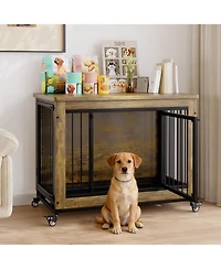 homfan Heavy Duty 38.6" Dog Crate with Wheels, Indoor Pet Kennel, Removable Tray, Easy to Assemble and Clean, Decorative Cage